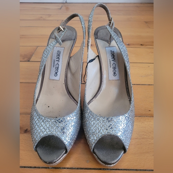 Jimmy Choo Silver Peep-Toe Slingback Heels - Picture 6 of 8